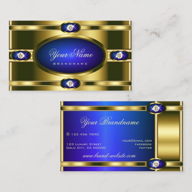Glamourous Gold Effects Blue with Faux Rhinestones Business Card (Front/Back)