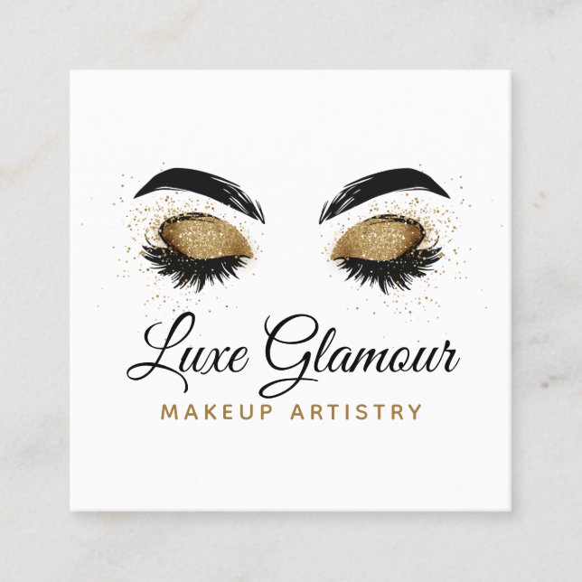 Glamourous Gold Eye Lashes Makeup Artist Beauty Ba Square Business Card (Front)