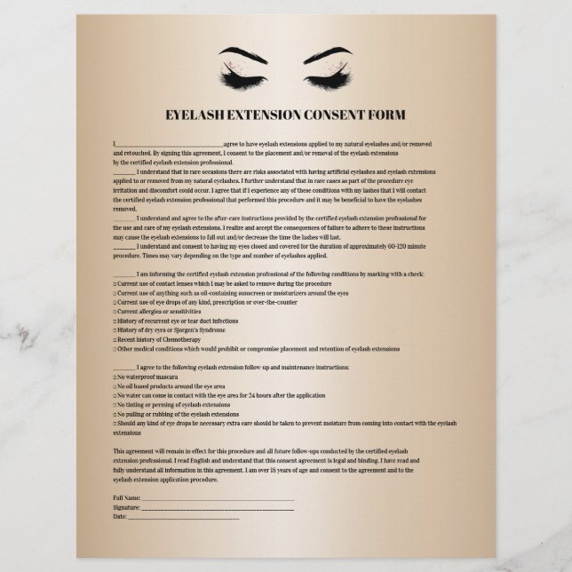 Glamourous Gold EYELASH EXTENSION CONSENT FORM Flyer (Front)