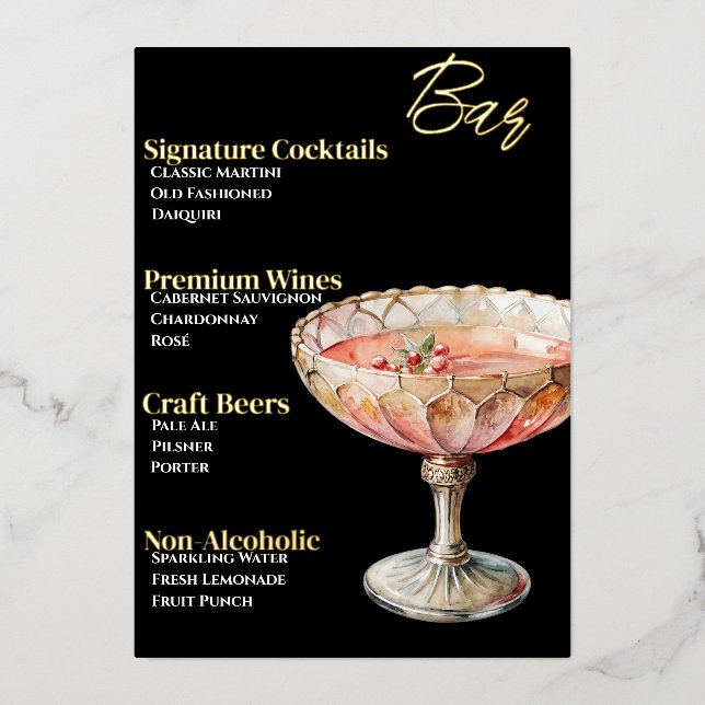 Glamourous Gold-Foiled Beverage Menu (Front)