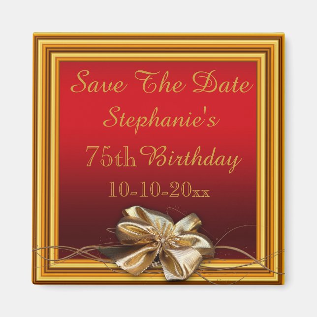 Glamourous Gold Frame & Faux Bow 75th Birthday Magnet (Front)