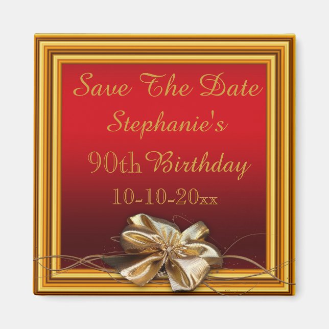Glamourous Gold Frame & Faux Bow 90th Birthday Magnet (Front)