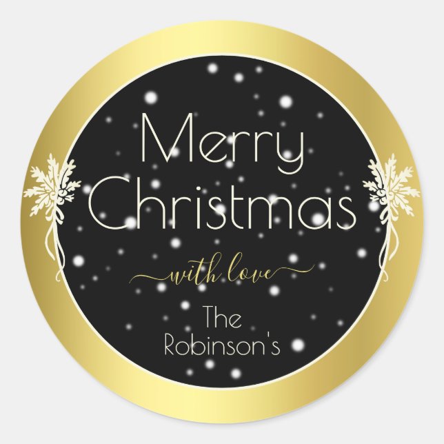 Glamourous Gold Frame Merry Christmas Style Black Classic Round Sticker (Front)