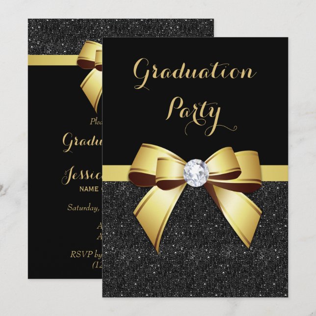 Glamourous Gold Gem Bow & Glitters Graduation Invitation (Front/Back)