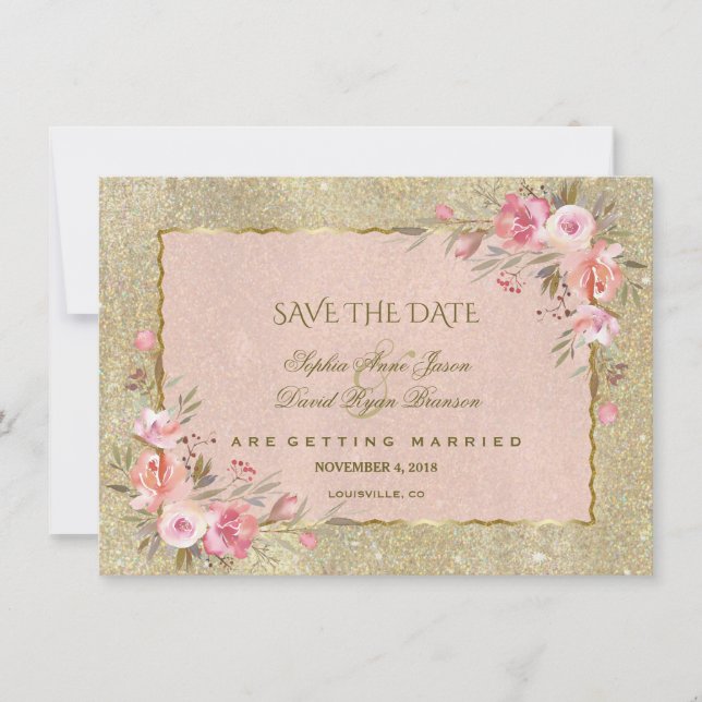 Glamourous Gold Glitter Blush Floral Save The Date (Front)