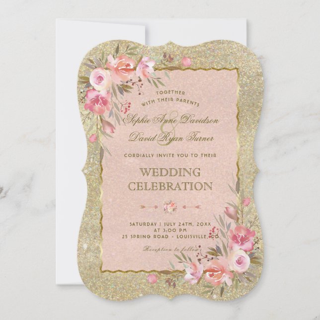 Glamourous Gold Glitter Blush Floral Wedding Invitation (Front)