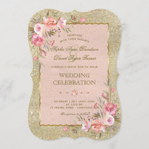 Glamourous Gold Glitter Blush Floral Wedding Invitation