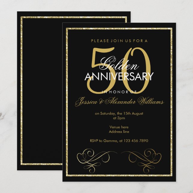 Glamourous Gold Glitter Frame 50th Wedding Invitation (Front/Back)