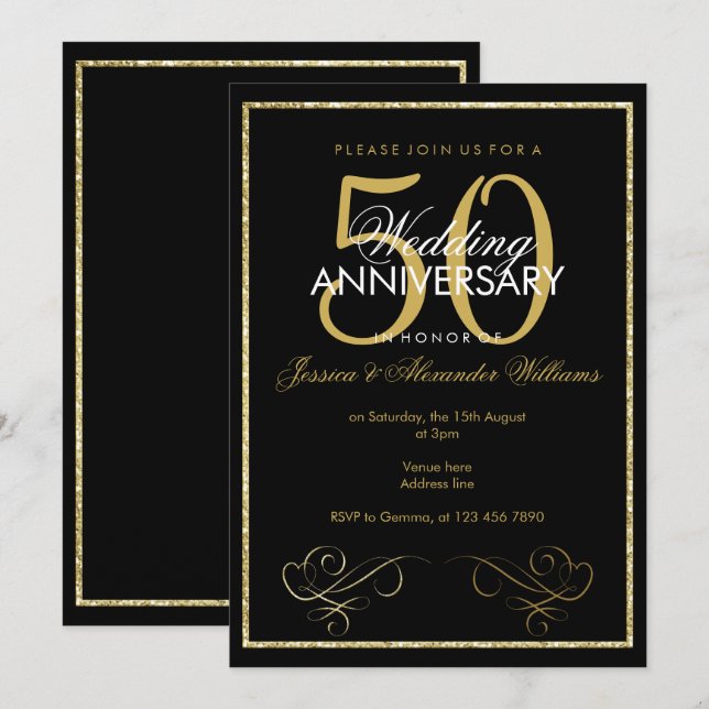 Glamourous Gold Glitter Frame 50th Wedding Invitation (Front/Back)