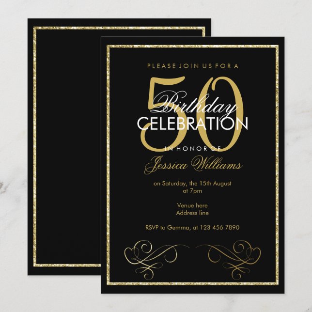 Glamourous Gold Glitter Frame Women's 50th Birthda Invitation (Front/Back)