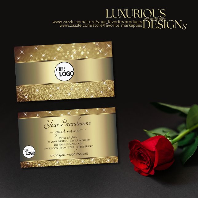 Glamourous Gold Glitter Luminous Stars add Logo Business Card (Creator Uploaded)
