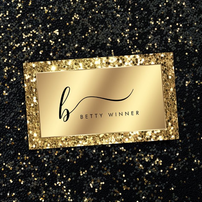 Glamourous Gold Glitter Luxury Script Monogram Business Card (Creator Uploaded)