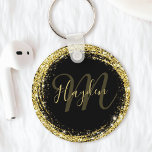 Glamourous Gold Glitter Monogram Name Black Key Ring<br><div class="desc">Easily personalise this luxury glam gold glitter framed keychain with your custom name and monogram.</div>