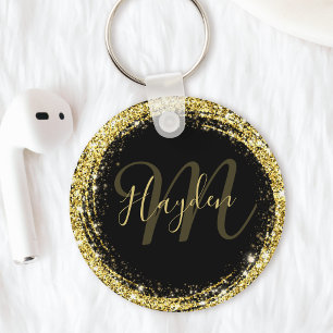 Glamourous Gold Glitter Monogram Name Black Key Ring