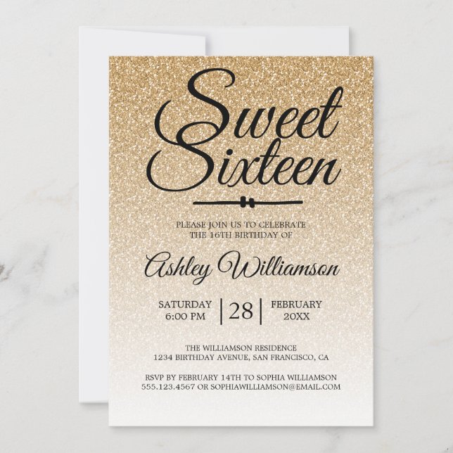 Glamourous Gold Glitter Ombre Sweet 16 Birthday Invitation (Front)
