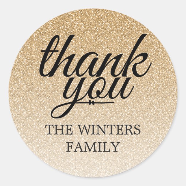 Glamourous gold glitter ombre thank you classic round sticker (Front)