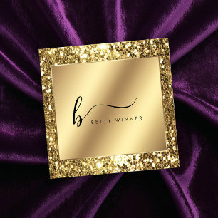 Glamourous Gold Glitter Script Monogram Square Business Card