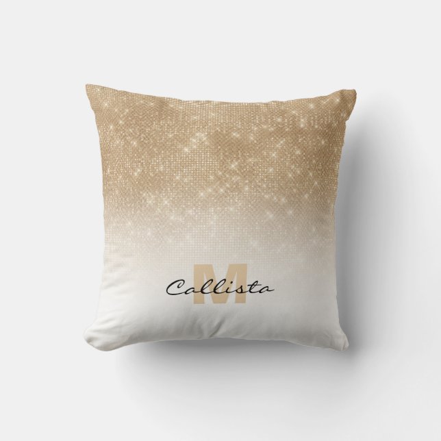 Glamourous Gold Glitter Sequin Ombre Monogram Cushion (Front)