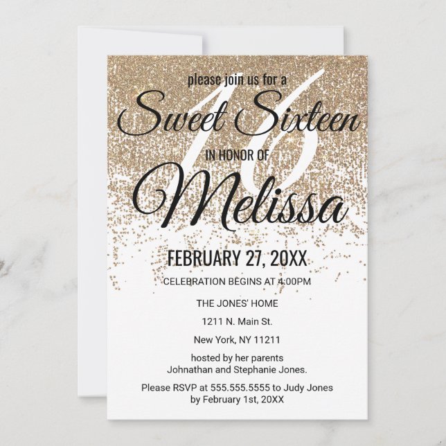 Glamourous Gold Glitter Sparkles White Sweet 16 Invitation (Front)