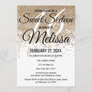 Glamourous Gold Glitter Sparkles White Sweet 16 Invitation
