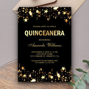 Glamourous Gold Glitter Stars Confetti Quinceanera Invitation