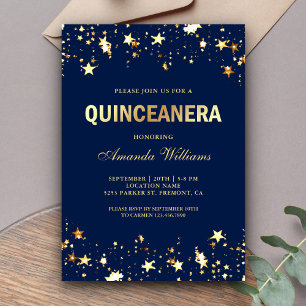 Glamourous Gold Glitter Stars Confetti Quinceanera Invitation