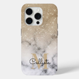 Glamourous Gold Glitter White Marble Ombre Monogra iPhone 15 Pro Case