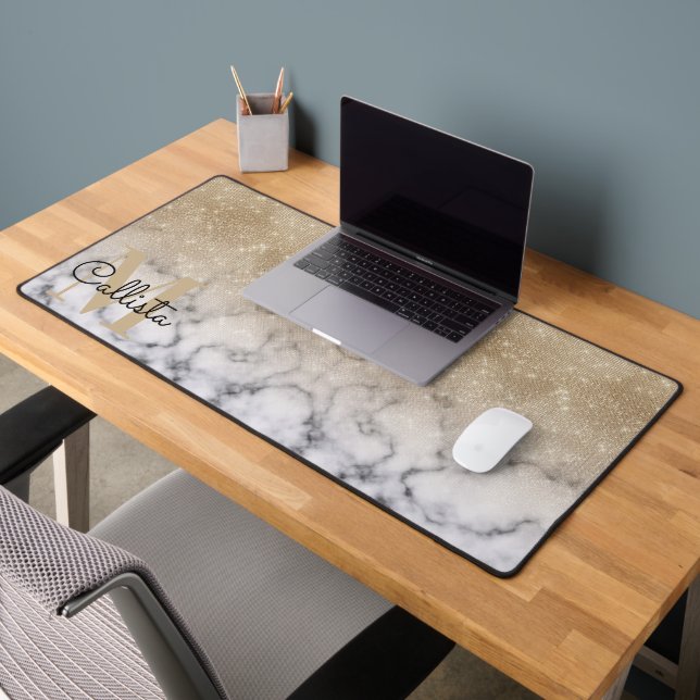 Glamourous Gold Glitter White Marble Ombre Monogra Desk Mat (Office 2)