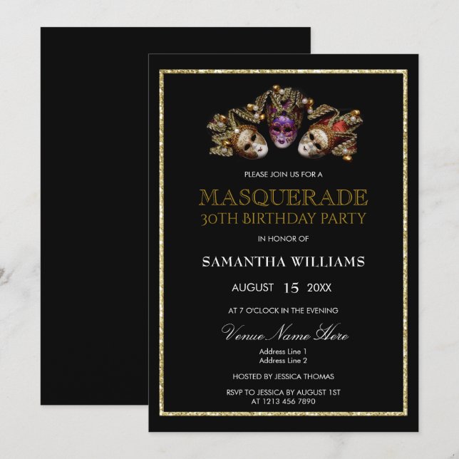 Glamourous Gold Glitters  Masquerade 30th Birthday Invitation (Front/Back)