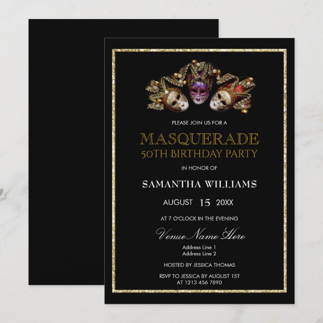 Glamourous Gold Glitters  Masquerade 50th Birthday Invitation (Front/Back)