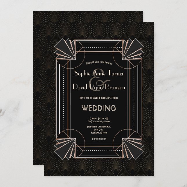 Glamourous Gold Great Gatsby Art Deco 20s Wedding Invitation (Front/Back)