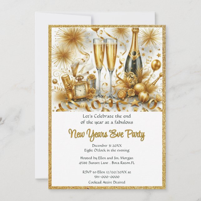 Glamourous  Gold on White New Year's Eve Party  Invitation (Front)