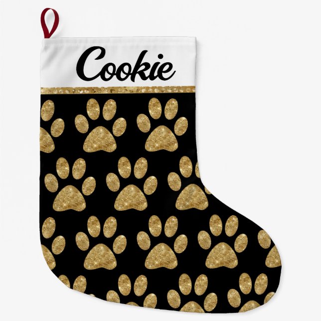 Glamourous Gold Paw Prints on Black Large Christmas Stocking (Front)