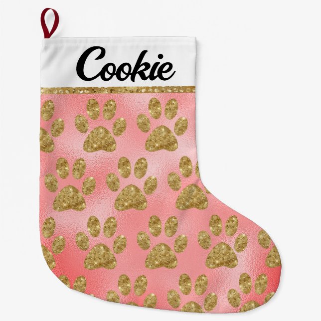 Glamourous Gold Paw Prints on Pink Foil Large Christmas Stocking (Front)