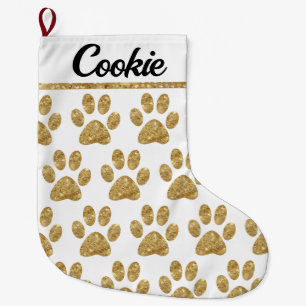 Glamourous Gold Paw Prints on White Large Christmas Stocking