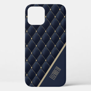 Glamourous Gold Quilted Navy Pattern Personalised iPhone 12 Case