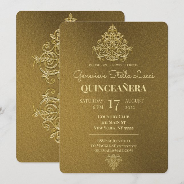 Glamourous Gold Quinceañera Party Invitation (Front/Back)