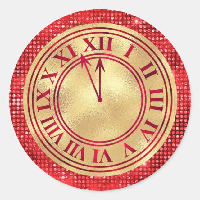 Glamourous Gold & Red Diamonds New Year's Clock Classic Round Sticker (Front)