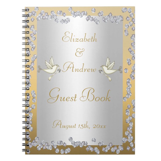 Glamourous Gold & Silver Diamonds, Doves Guest Boo Notebook (Front)