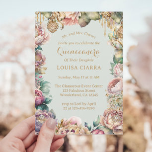 Glamourous Gold Sparkle Flowers Quinceanera  Invitation