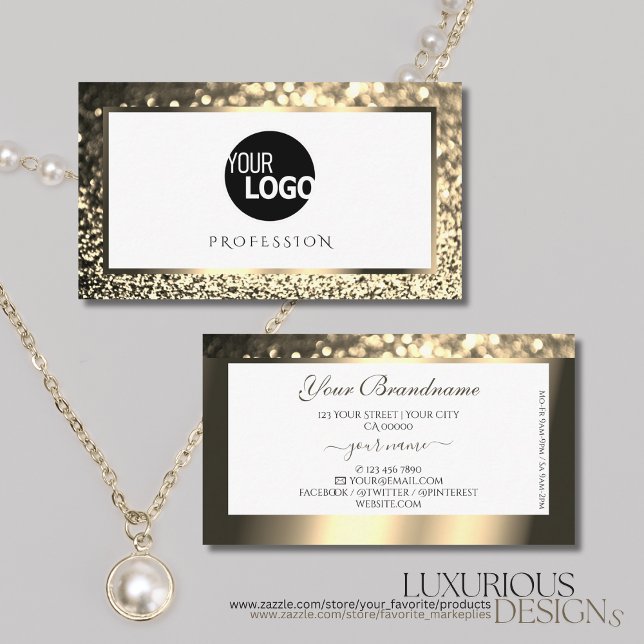 Glamourous Gold Sparkle Glitter Logo Elegant White Business Card (Creator Uploaded)