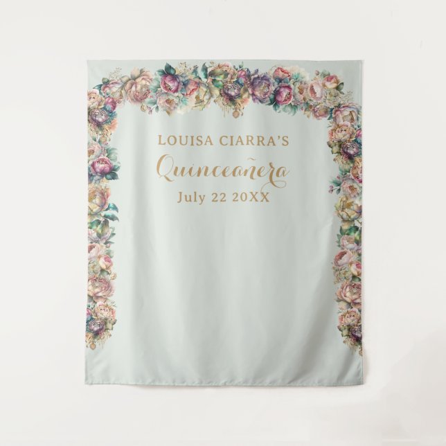 Glamourous Gold Sparkle Peony Quinceanera  Tapestry (Front)