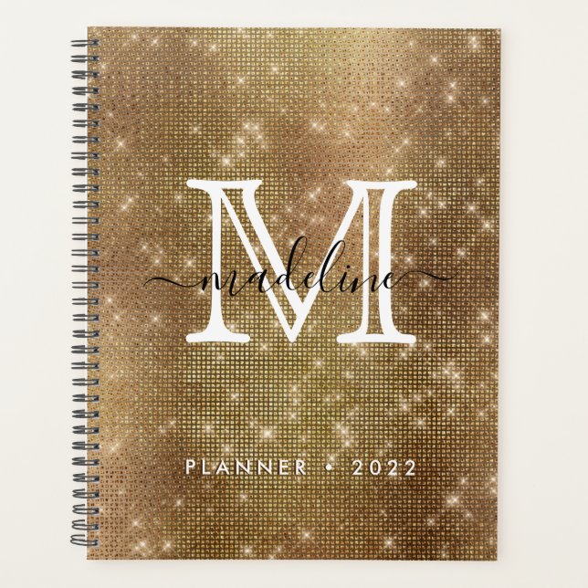 Glamourous Gold Sparkling Diamond Glitter Monogram Planner (Front)