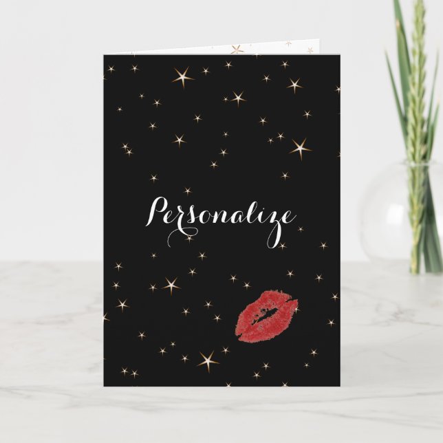 Glamourous Gold Stars with Red Lipstick Kiss Card (Front)