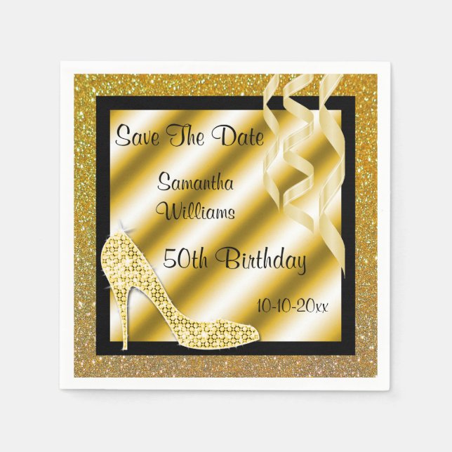 Glamourous Gold Stiletto & Streamers 50th Birthday Napkin (Front)
