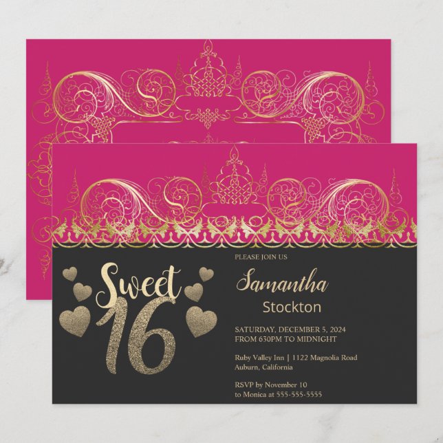 Glamourous Gold Sweet 16 Invitation (Front/Back)