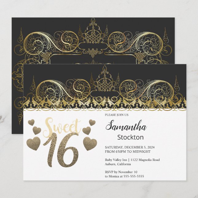 Glamourous Gold Sweet 16 Invitation (Front/Back)
