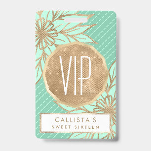 Glamourous Gold Teal Green Glitter Flower Stripes ID Badge