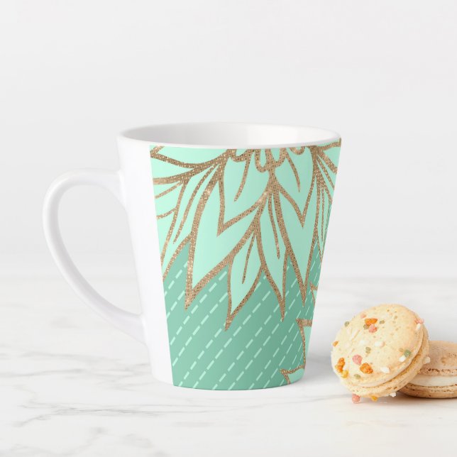 Glamourous Gold Teal Green Glitter Flower Stripes Latte Mug (In Situ)