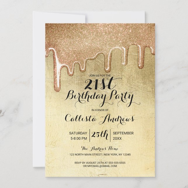 Glamourous Gold Thick Glitter Drips Birthday Invitation (Front)
